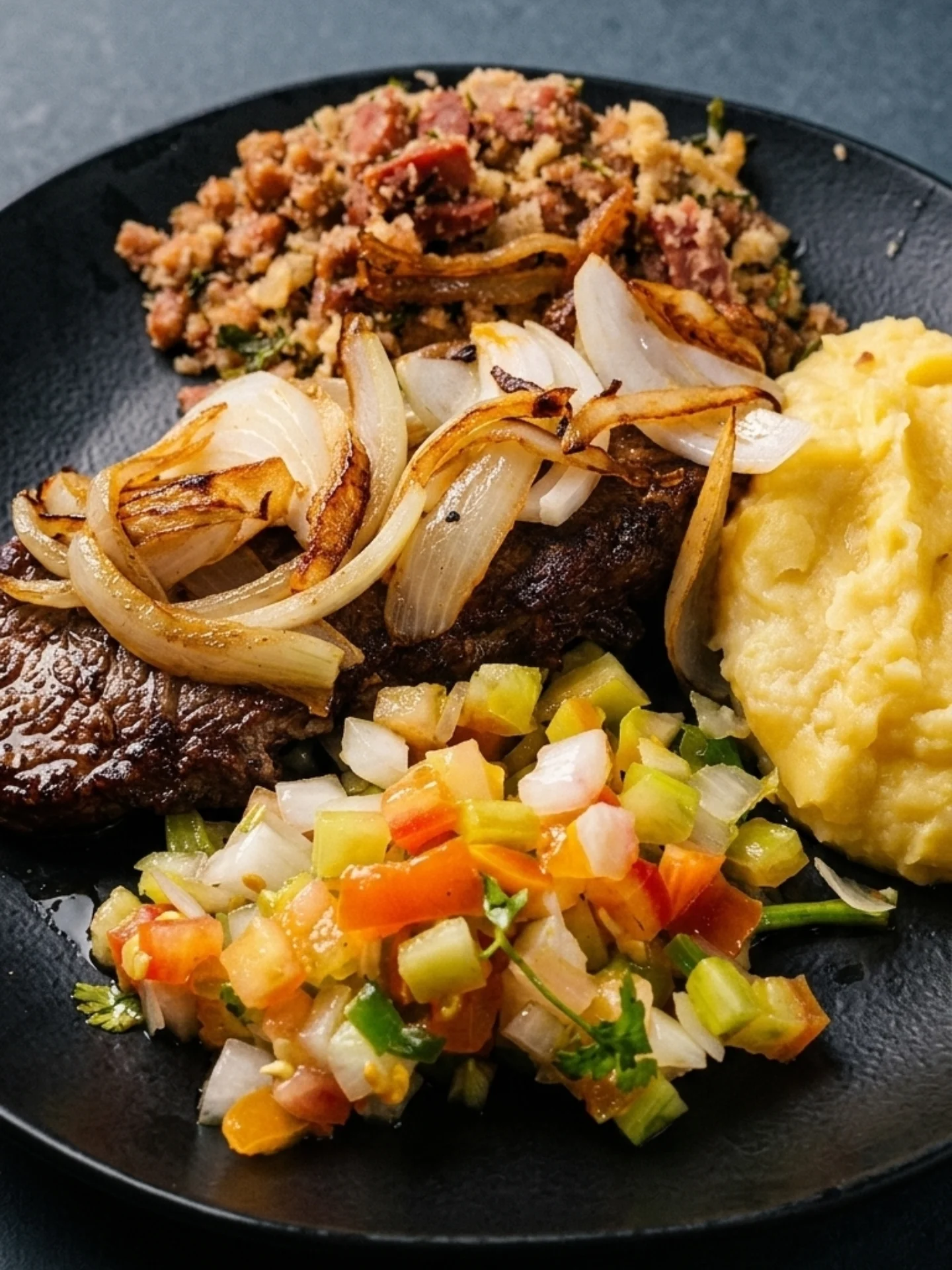 Bife acebolado com pirão